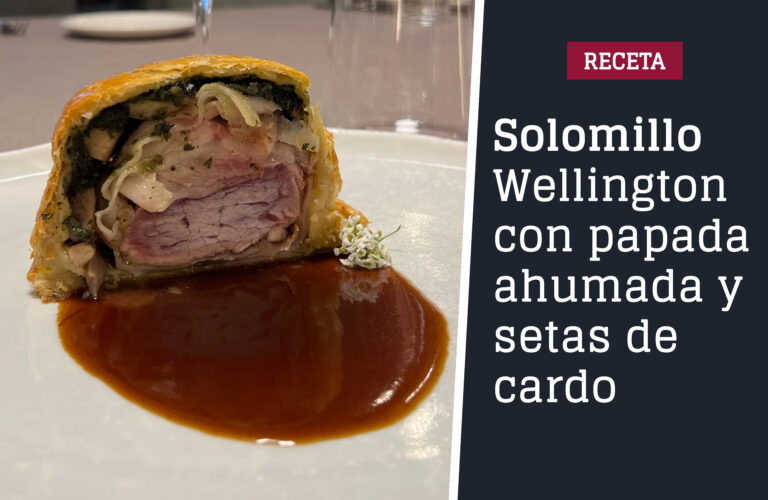 Solomillo Wellington de cerdo Duroc con papada ahumada y setas de cardo
